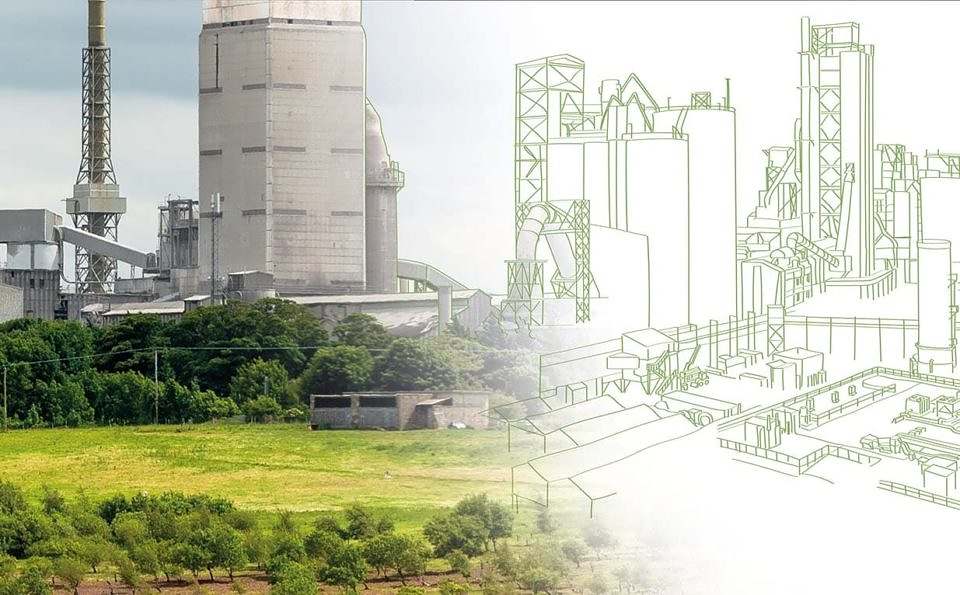 Photo and illustration of a factory in daylight.